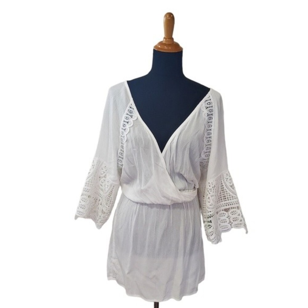 Embroidered Crochet Pullover Coverup Dress M White New